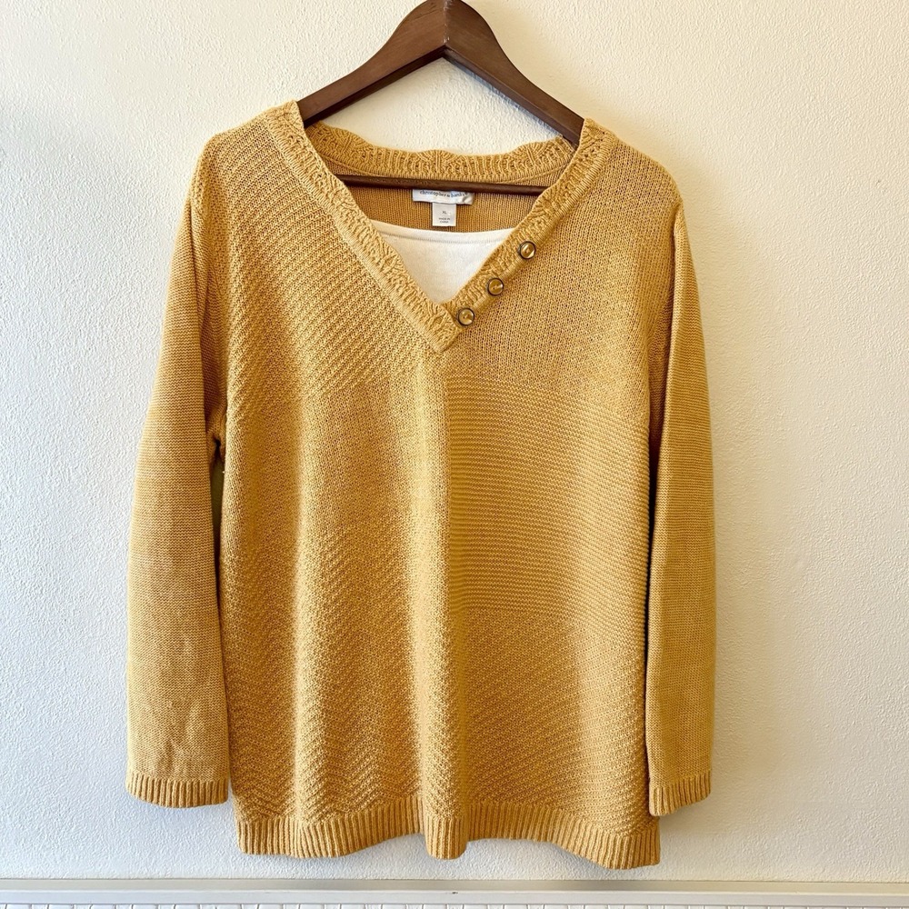 Christopher & Banks Sweater V-neck Golden Brown Ramie Cotton Cottage Textured
